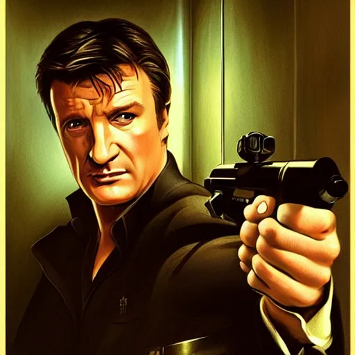 Image similar to Nathan Fillion as James Bond in Goldeneye 007 in an air vent above bathroom cubicle, D&D, cinematic, fantasy, intricate, elegant, highly detailed, digital painting, artstation, concept art, smooth, sharp focus, illustration, art by artgerm and greg rutkowski and alphonse much