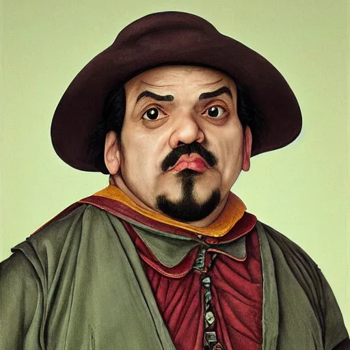 Image similar to hyper realistic, realistic - anime, portrait, beautifully rendered, italian garb from 1 9 th century, caricature, luis guzman as luigi wearing green, smirking deviously, luigi, luigi's nose, painted by jan van eyck, albrecht durer, gustave courbet, greg rutkowski, wlop, artgerm, dishonored 2,