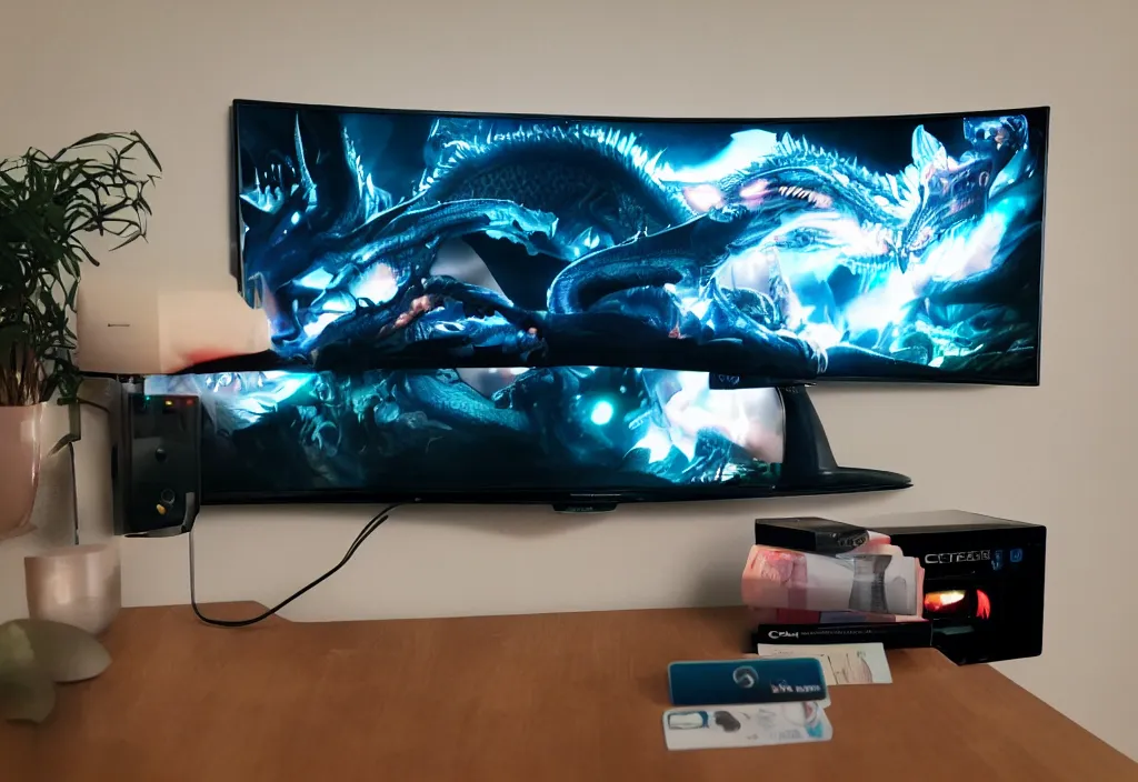 Image similar to curved 3 dtv dragon popping out of tv, volumetric lighting, bedroom, visor, users, pair of keycards on table, bokeh, creterion collection, shot on 7 0 mm, instax