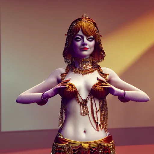 Image similar to a close up portrait of emma stone, she is dressed as a belly dancer,, arabian night, in focus sharp face with fine details, anatomically correct hands by albrecht durer, volumetric lightening, octane render, high quality, fully detailed, 4 k, alphonse mucha, masterpiece, stunning