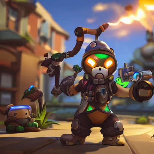 Image similar to teemo is the newest overwatch character, kings row in the background, octane render, blender render, unreal engine, standing pose, cinematic lighting, symmetrical