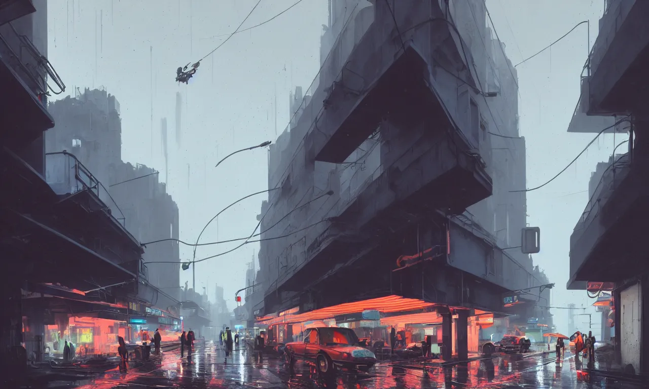 Image similar to photorealistic streetscape, simple brutalist architecture, metal, concrete, wet streets, white neon lights, colorful neon signs, flying vehicles, pedestrians, greg rutkowski, syd mead, ralph mcquarrie, concept art, matte painting, finely detailed, minimal artifacts, rule of thirds, dynamic lighting, cinematic, denoised, centered, artstation