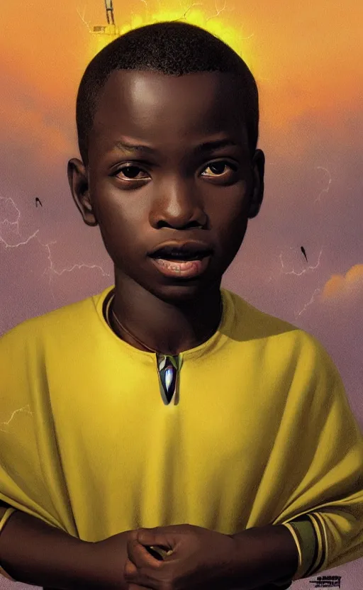 Prompt: upper half portrait of an african boy - in yellow cape - inside puffy clouds - surrounded by bolts of lightning - rays of light emanating from clouds - in drew struzan movie poster style, art by drew struzan & hsiao - ron cheng, highly detailed, digital painting, ray tracing, illustration, smooth, sharp focus, intricate, symmetry, artstation,