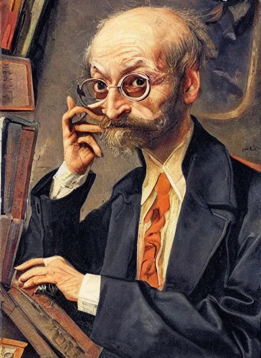 Prompt: a fine fulcolor portrait of a mad profesor trying to understand how the human brain works and mathematical functions, conceptual ultrarealistic art
