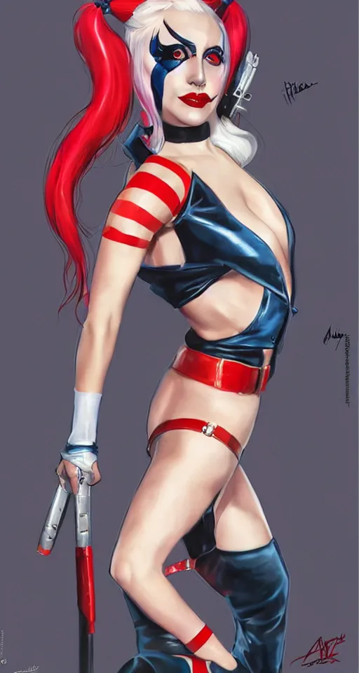 Image similar to lady gaga as harley quinn in a pin - up pose by artgerm, robert edward mcginnis, concept art, full body