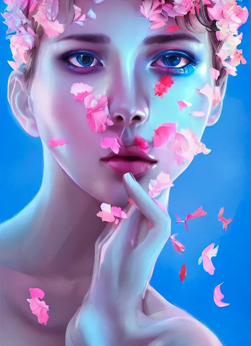 Prompt: gorgeous female covered in translucent blue and pink leaf and petals in the style of stefan kostic, cute - fine - face, dasha taran, backlit, refracted lighting, elegant, half body shot, 8 k, insanely detailed, intricate, art by stanley lau, artgerm, wlop, kuvshinov ilya,