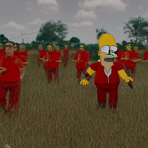 Image similar to Homer Simpson joins the Vietcong red army in the Vietnam war, Real Event, Historical Event, Realistic, HDR, Clear Image,