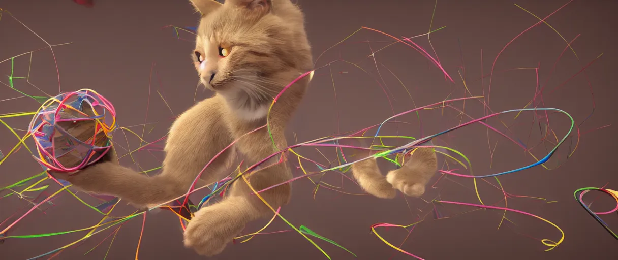 Prompt: 3 d render of cat playing with yarn in non - euclidean space, concept art, high detail, artstaion, 4 k