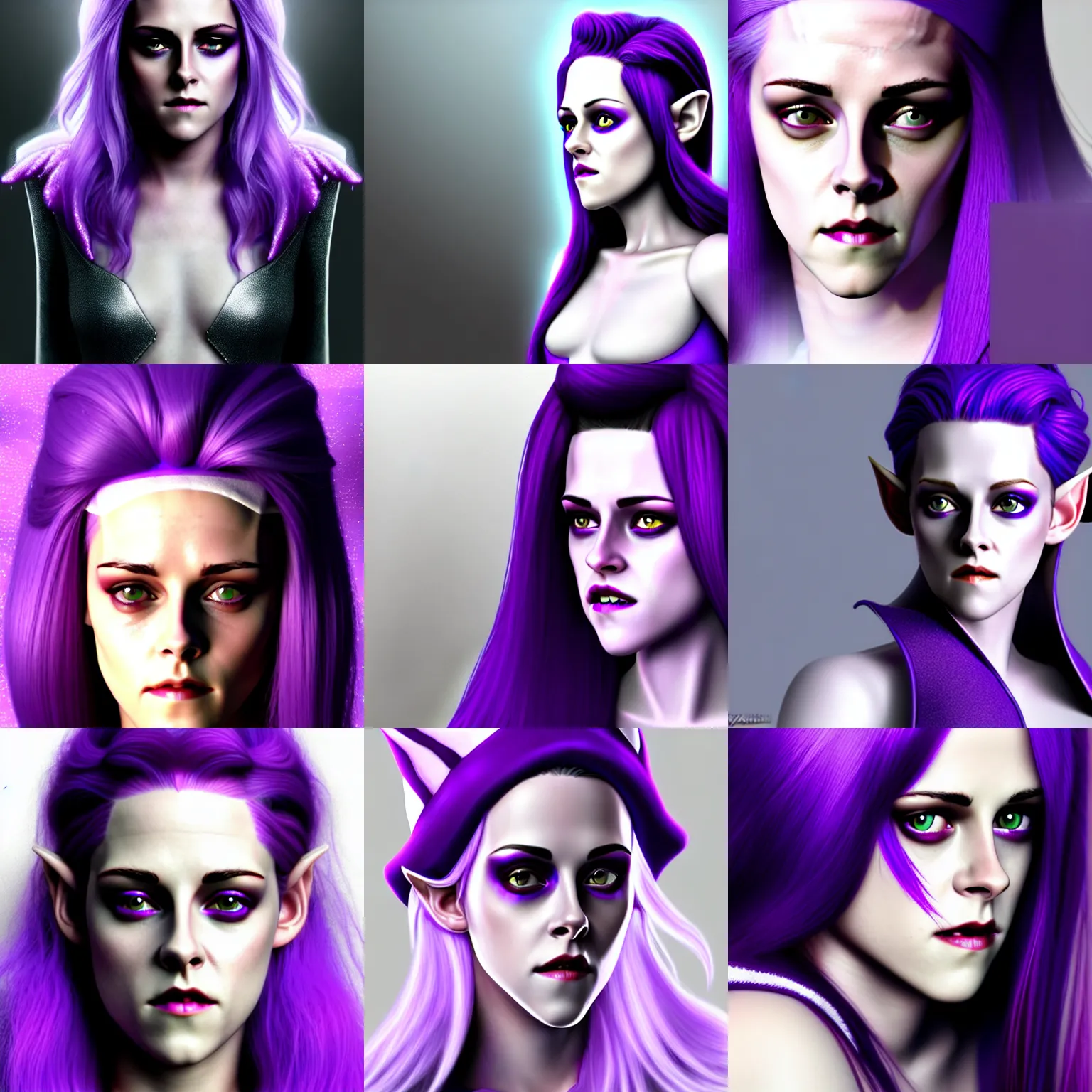 Prompt: Purple skinned Kristen Stewart as Elf wizard. smooth purple skin! + purple skin Photorealistic digital art trending on artstation, artgem, 4k HD. Snow white hair, white haired, silver-white-hair