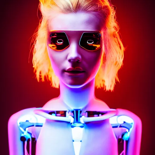 Image similar to A beautiful blonde model who is half of a robot with wires coming out of her head, Cyberpunk, neon, 60s, Sony a7R IV, symmetric balance, polarizing filter, Photolab, Lightroom, 4K, Dolby Vision, Photography Award