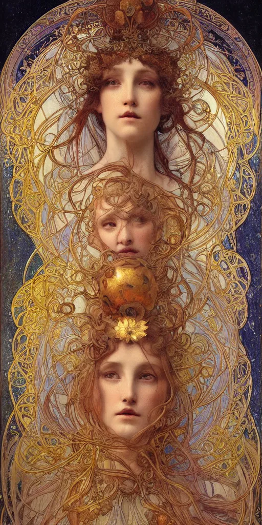 Image similar to portrait burning saint face, venus, athena, halo, by alphons mucha and annie swynnerton and jean delville, strong dramatic cinematic lighting, ornate headdress, flowing robes, spines, flowers, stars, lost civilizations, smooth, sharp focus, extremely detailed, marble, molten gold, space