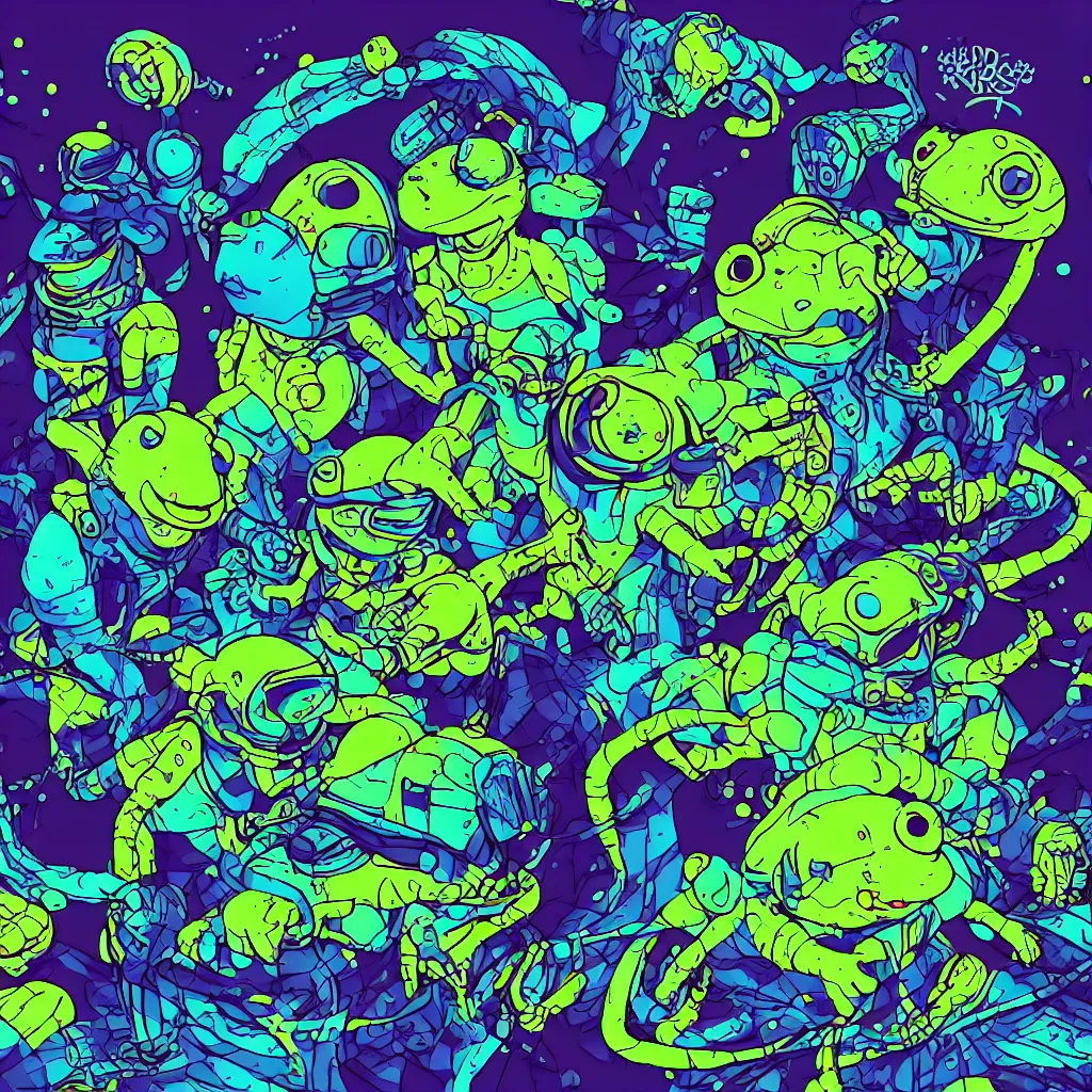 Image similar to indigo toads, frogs, ryuta ueda artwork, breakcore, jet set radio artwork, y 2 k, gloom, space, cel - shaded art style, indigo rainbow, data, minimal, code, cybernetic, dark, eerie, cyber