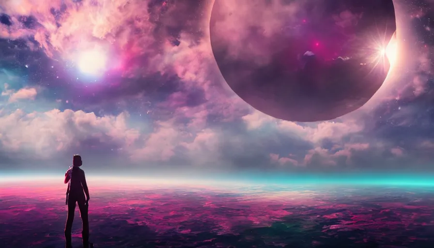 Image similar to hexagon floating in space, colorful clouds below, solar eclipse, matte painting, trending on artstation, realistic, octane render, cinematic, epic