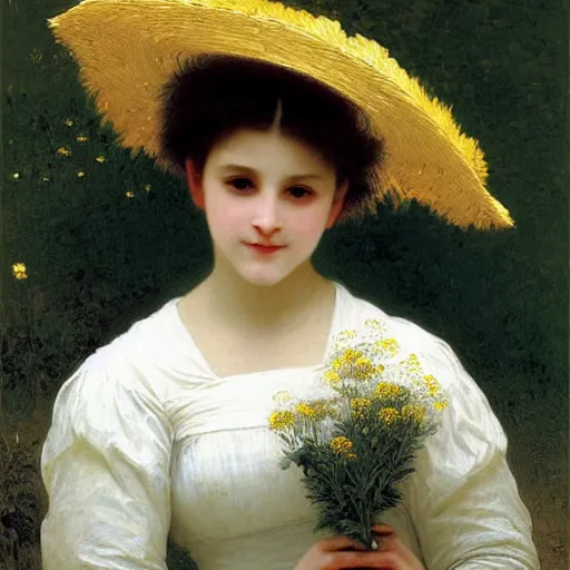 Prompt: A portrait of a fox wearing a white dress and a hat covered in dandelions, beautiful soft painting by William-Adolphe Bouguereau and Robert Cleminson