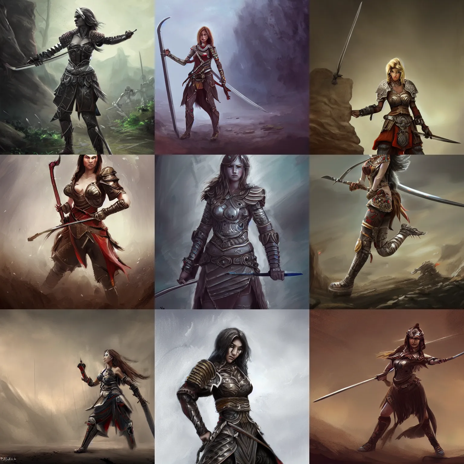 Prompt: Female warrior standing on a battlefield with a one-handed sword, highly detailed, 8k, elegant, gallant, ambient, digital painting, art station, concept art, smooth, sharp focus, illustration,