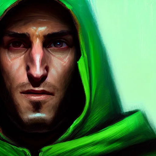 Prompt: portrait of a chad programmer with green hood by greg rutkowski, 4 k, close up