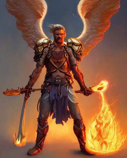 Prompt: character portrait of a brawny male angel of justice, with fiery golden wings of flame, wearing shining armor, wielding a flaming sword, by peter mohrbacher, mark brooks, jim burns, wadim kashin, greg rutkowski, larry elmore, trending on artstation