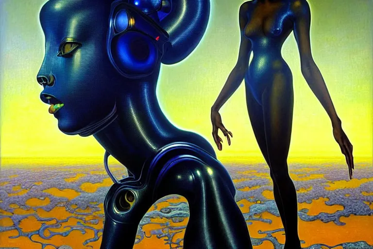 Image similar to realistic extremely detailed portrait painting of a beautiful black woman with a robot, futuristic sci-fi landscape on background by Jean Delville, Amano, Yves Tanguy, Mark Brooks, Alphonse Mucha, Ernst Haeckel, Edward Robert Hughes, Roger Dean, rich moody colours, blue eyes