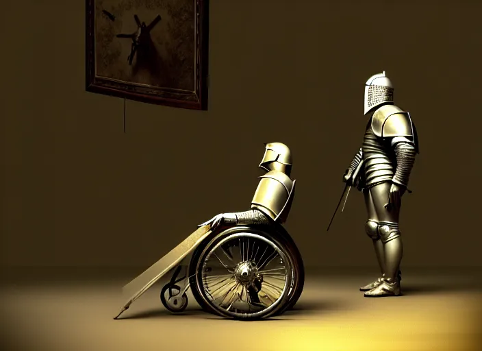 Image similar to knight in armor in a wheelchair do tricks watch old tv, rome, highly detailed, soft lighting, elegant, works by edward hopper and james gillard, zdislaw beksinski, stephen outram, andreas m wiese, highly detailed, masterpiece. rendered in blender, smooth shadows, ultra detail, high resolution, unreal 6, 8 k