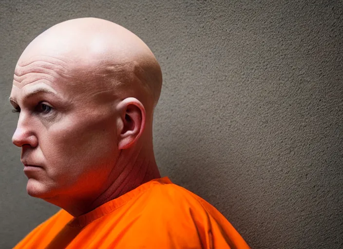 Image similar to photo of bald!!! donald trump!!! donald trump trump shaved head no hair!!! no hair!!! old white pasty skin sitting in a jail cell!!! wearing an!!! orange jumpsuit!!!, defocused bars in the foreground, 8 k, 8 5 mm f 1. 8