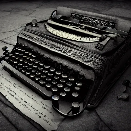 Prompt: an old lovecraft typewriter with a sheet of paper on which words in an ancient language are written, mysterious, dark fantasy, insanely detailed, photorealistic, dramatic lighting, v - ray, unreal engine 5, raytracing, ambient occlusion, 8 k, digital art, by beksinski and rutkovski, artstation