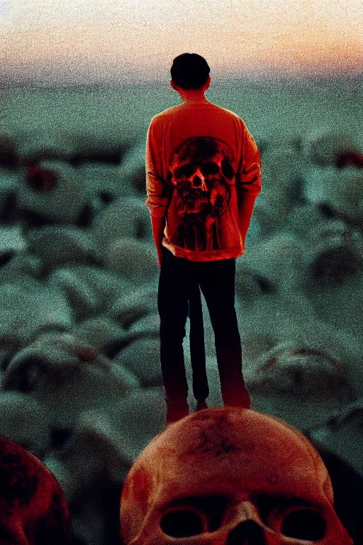 Image similar to agfa vista 4 0 0 photograph of a guy standing on a pile of human skulls, back view, synth vibe, vaporwave colors, lens flare, moody lighting, moody vibe, telephoto, 9 0 s vibe, blurry background, grain, tranquil, calm, faded!,