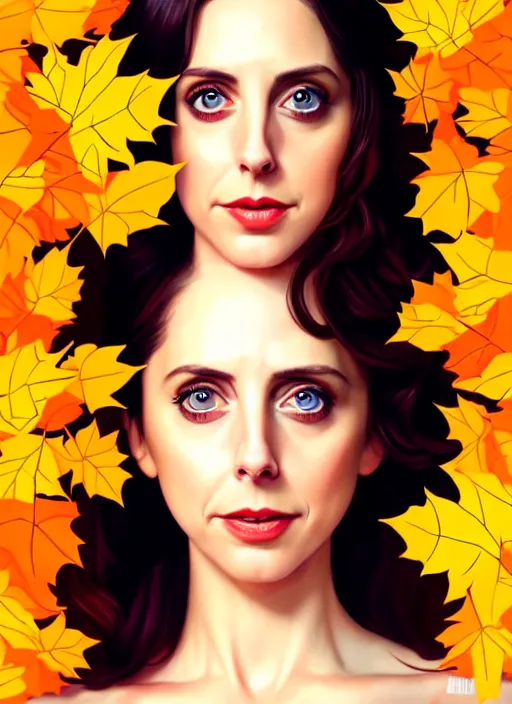 Image similar to full body gorgeous young Alison Brie, realistic character concept, full body pose, autumn leaves, orange yellow, shorter neck, illustration, symmetrical face and body, cinematic lighting, detailed realistic symmetrical eyes, artgerm, Joshua Middleton, single face, insanely detailed and intricate, beautiful