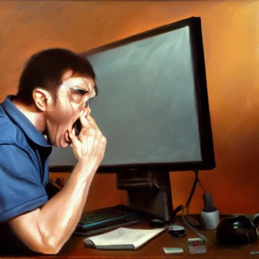 Image similar to an angry man yells at his computer monitor, oil on canvas, highly detailed, high resolution