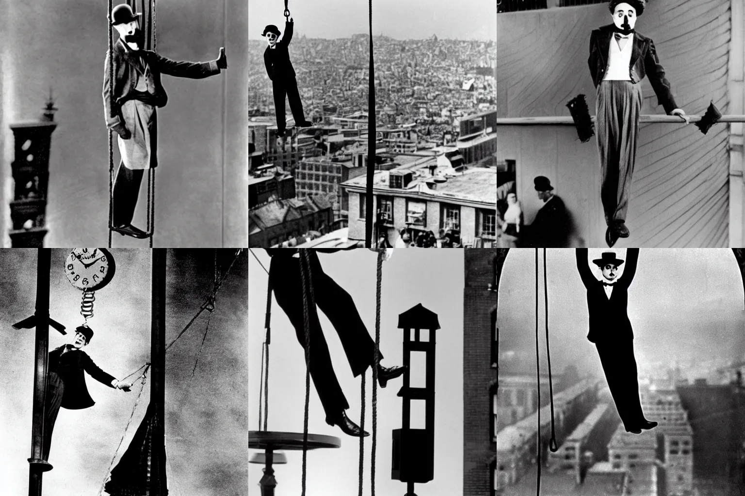 Prompt: Charlie Chaplin hanging from a clock hand, at the top of a building, production shot