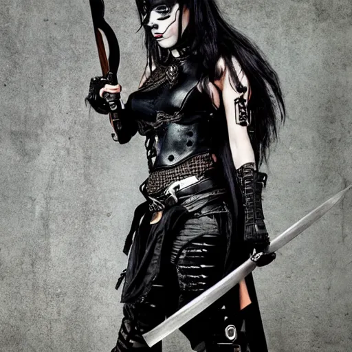 Image similar to photo of a female goth warrior with weapons