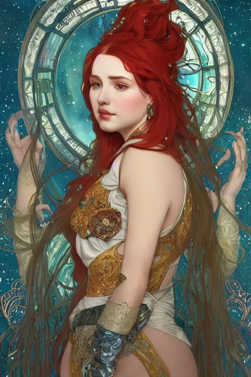 Image similar to a full body tarot card of the red haired thick empress of eternity, space, universe, portrait, highly detailed, deep focus, elegant, digital painting, smooth, sharp focus, illustration, ultra realistic, 8 k, art by artgerm and alphonse mucha