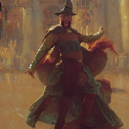 Prompt: an elated medieval chancellor, dancing a jig, character portrait by greg rutkowski, gaston bussiere, craig mullins