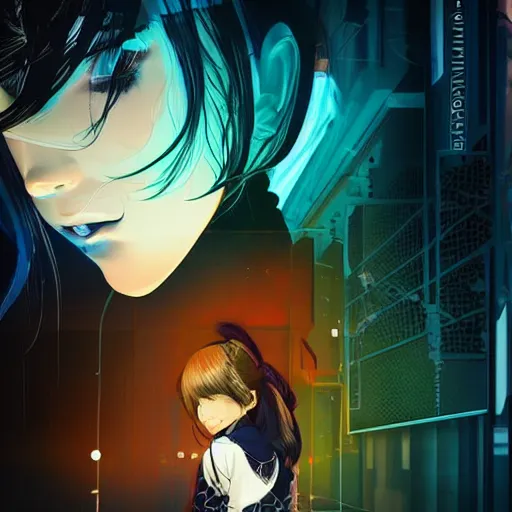 Image similar to Frequency indie album cover, luxury advertisement, indigo filter, blue and black colors. highly detailed post-cyberpunk sci-fi close-up schoolgirl in asian city in style of cytus and deemo, mysterious vibes, by Ilya Kuvshinov, by Greg Tocchini, nier:automata, set in half-life 2, beautiful with eerie vibes, very inspirational, very stylish, with gradients, surrealistic, dystopia, postapocalyptic vibes, depth of field, mist, rich cinematic atmosphere, perfect digital art, mystical journey in strange world, beautiful dramatic dark moody tones and studio lighting, shadows, bastion game, arthouse