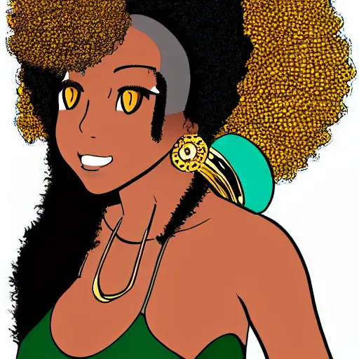 Image similar to black woman with a gold afro in anime style, highly detailed, sharp colors