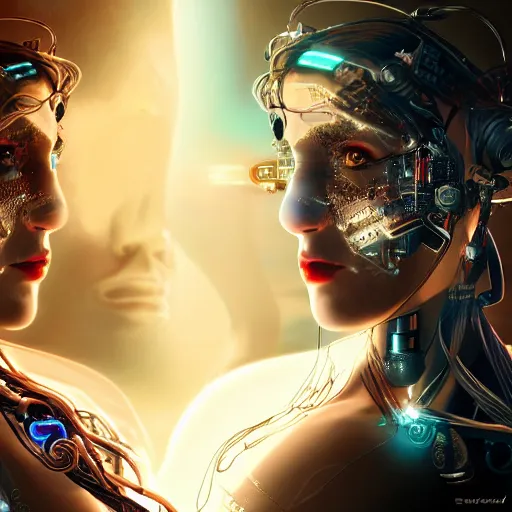 Image similar to A portrait of a cyborg goddess intertwined with a woman, dark and mysterious, lively atmospheric, cinematic, 8k, 4k, ultra detail, ultra-realistic, rendered by DeviantArt