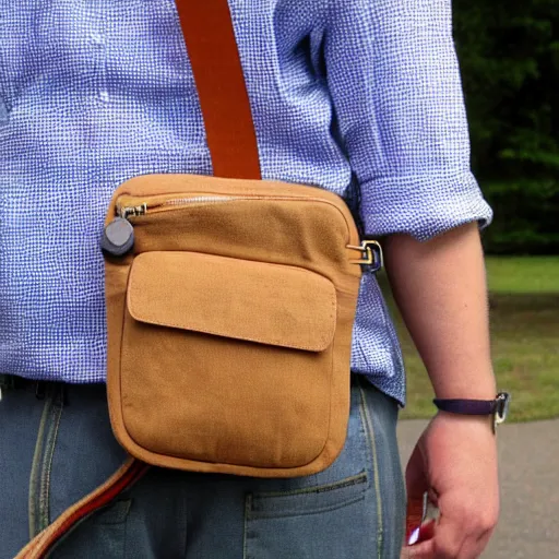 Image similar to white crossbody sling chest bag, (pudgy) british lad with short curly dark brown hair as a hobbit wearing a white men's crossbody sling chest bag and blue vest