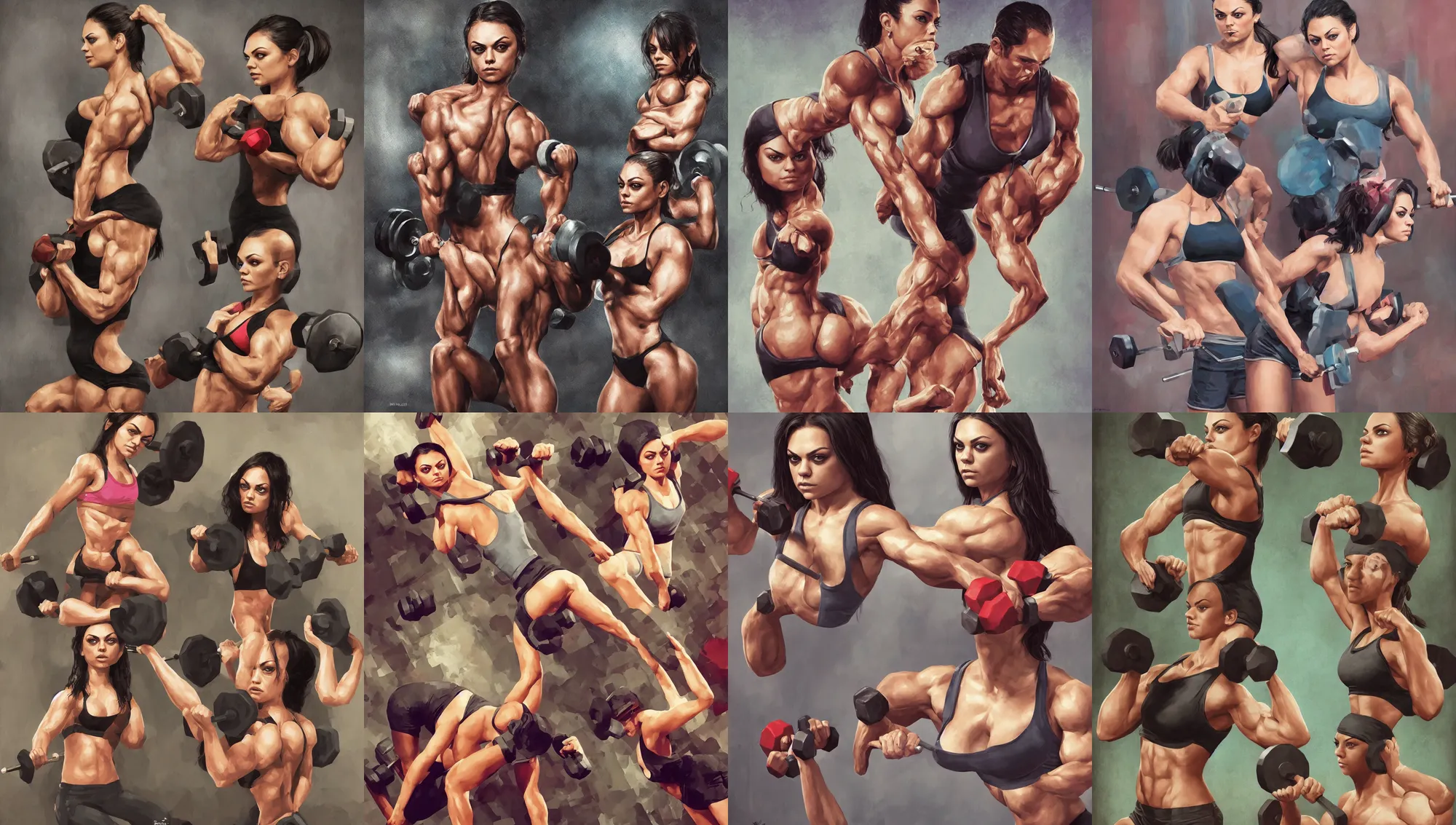 Prompt: bodybuilder mila kunis working out, wlop, steve argyle, ilya kuvshinov, rossdraw, mark ryden, daniel f. gerhartz,