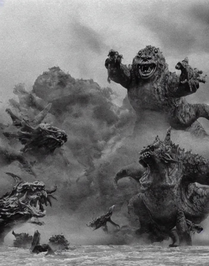 Image similar to a filmstill of a north korean monster movie, kaiju - eiga monster with starfish - arms trampling a traditional korean palace, foggy, film noir, epic battle, etheral, explosions, communist propaganda, communist epic thriller produced by kim jong - il, cinematography by akira kurosawa and tim burton, video compression