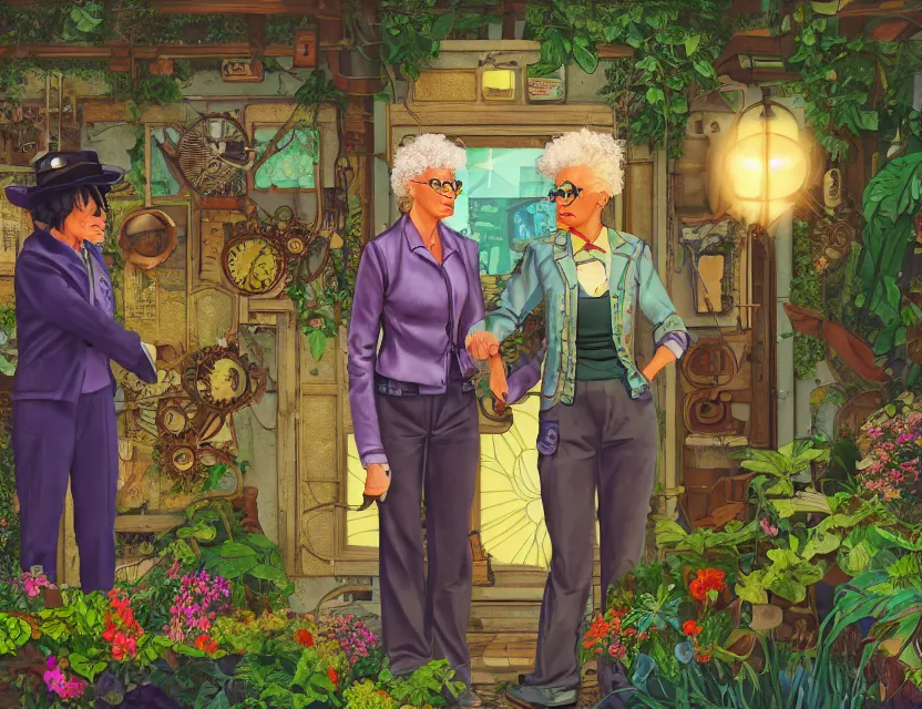 Prompt: elderly lesbian multiracial couple in steampunk vaporwave courtyard garden. complementary colors, gouache, indie concept art, bloom, chiaroscuro, backlighting, intricate details.