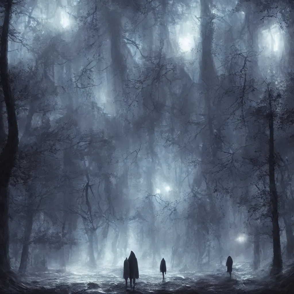 Image similar to high drama, distant hooded figures, hdr, luminescent invocations, diffuse magic, movie still, intricate highly detailed mystical prisms, fully photorealistic, artstation, beautiful concept art, smoothened, sharp luminescent focus, nd 6, sony fx 6