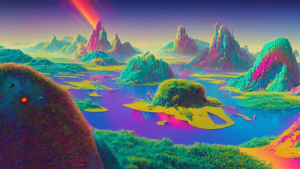 Prompt: highly detailed holographic iridescent sci fi world with forests deserts and oceans, by gilbert williams, by simon stalenhag, by beeple, by bruce pennington, by james jean, by moebius, featured in juxtapoz, mixed media, dynamic composition, octane render, with many different shades of blue pink orange yellow green