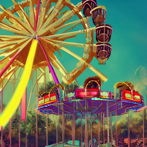 Image similar to an amusement park in old egypt, ferris wheel, bumper cars, lights, digital art, synthwave style, trending on artstation, matte painting