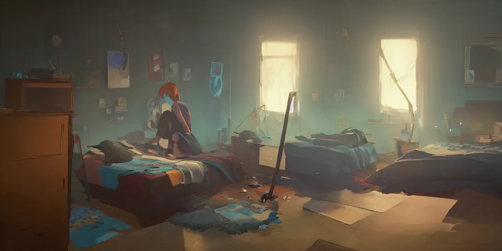 Prompt: an environmental concept art of life is strange, chloe price, bedroom interior, highly detailed, environmental light, close up, cinematic by francis tneh and ilya kuvshinov