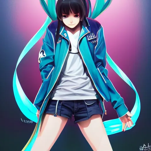 Prompt: hatsune miku, wearing blue track jacket, cool color palette, digital art by aramaki shinji, by artgerm, by cushart krenz, by wlop, colorful, insanely detailed and intricate, hypermaximalist, elegant, ornate, dynamic pose, hyper realistic, super detailed