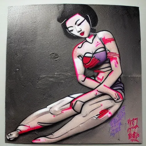 Image similar to abstract rough rugged graffiti art of an asian pinup woman design by bansky