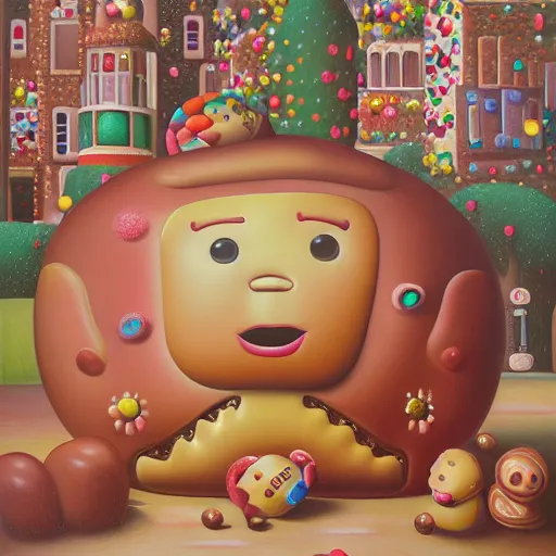 Image similar to portrait of a depressed gingerbread man living in candyland painted by fernando botero and mark ryden and hikari shimoda, lowbrow pop surrealism