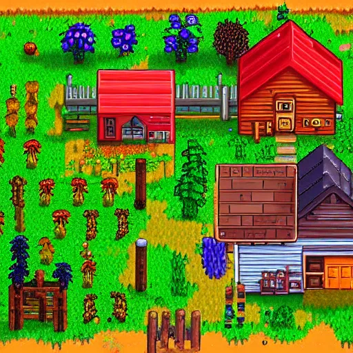 Image similar to the perfect farm in stardew valley, detailed, trending, digital art on artstation