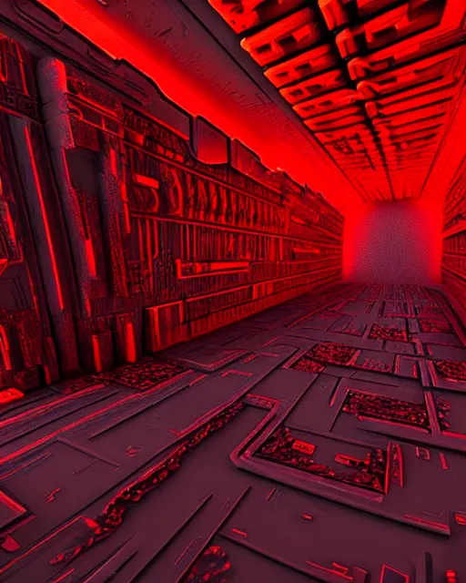 Image similar to futuristic sci fi exterior greeble textured obelisk structures made out of red mandelbulb fractal energy on the nuclear reactor unreal engine volumetric lighting subsurface scattering