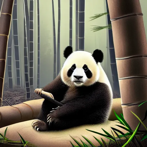 Image similar to A baby panda sleeping in a bamboo forest ,it is raining, night time , peaceful atmosphere, moody lighting , digital art , highly detailed , high contrast, beautiful lighting, award winning , trending on art station, photorealistic, 8k