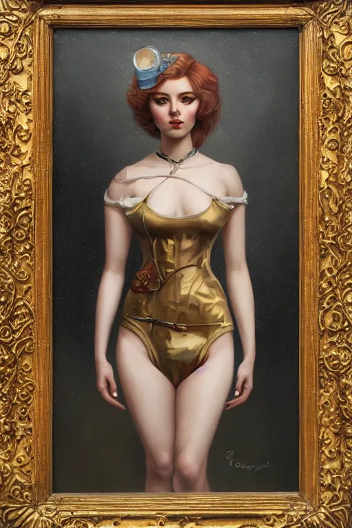 Prompt: Adventure pulp portrait of a beautiful female dollpunk with thin lustrous hair wearing a full bodysuit, focus, detailed, realistic eyes, symmetric body features proportions, intricate details, award winning, by Tom Bagshaw